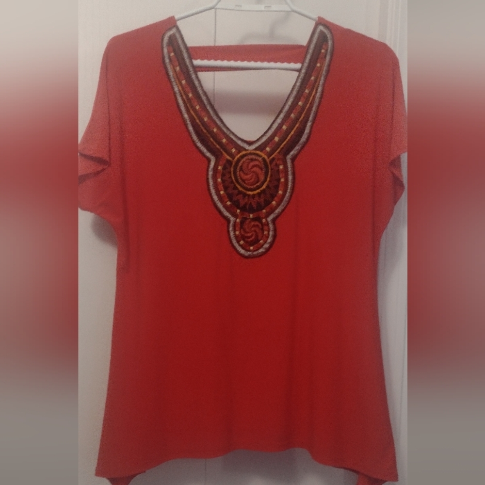 Claudia Richard boho vintage Embroidered orange top ptp 22"